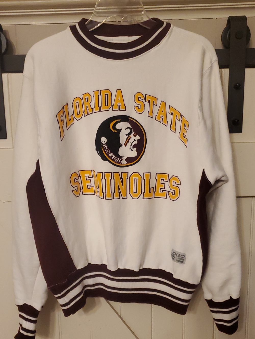 LOGO 7 White Crewneck Sweatshirt with Garnet and Yellow Florida State Graphic
